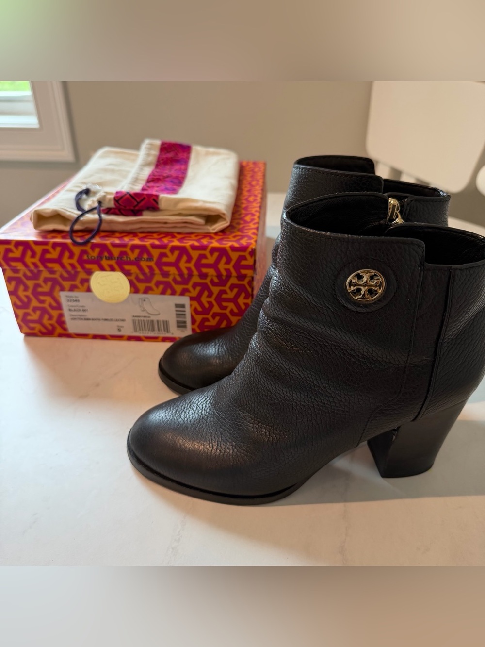 Tory Burch Black Junction Leather Ankle Booties with Gold Logo